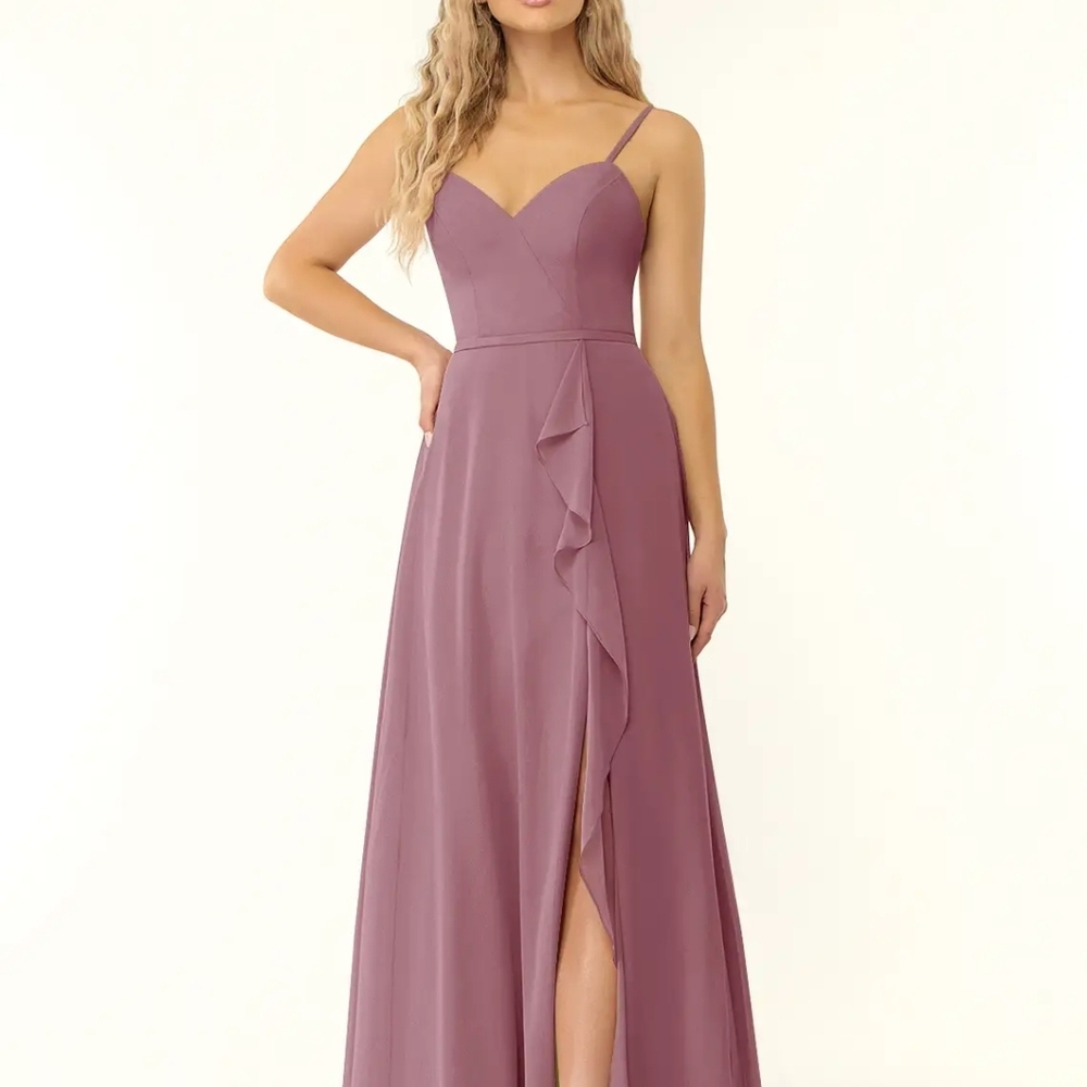 Azazie Naeem Vintage Mauve A-Line V-Neck Ruffle Chiffon Dress Size 12